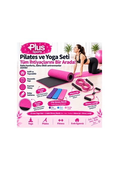 15 Mm Pilates Minderi + 3'lü Direnç Bandı + Atlama İpi + Kelebek Direnç Lastiği Pembe Pembe