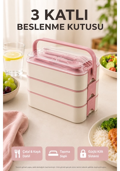 Pembe 3 Katlı Beslenme Kutusu Çatal Kaşık Dahil Kilitli Kapaklı Taşıma Saplı Yemek Saklama Kabı Seti