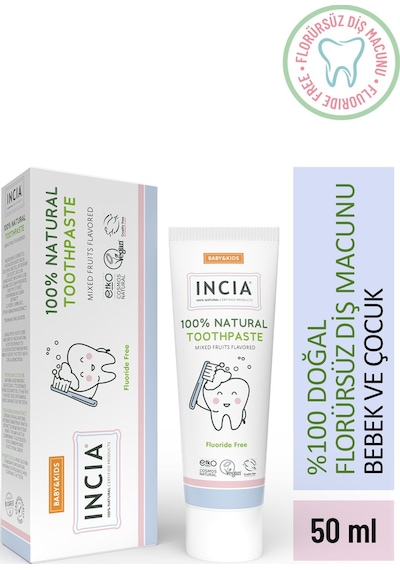 INCIA %100 Doğal Diş Macunu Bebek ve Çocuk Karışık Meyve Aromalı Florürsüz 50 Ml