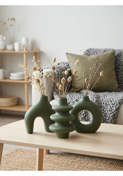 Kaveld Trio Forma El Yapımı 3'lü Dekoratif Vazo Seti, Kemer + Yığma Halka + Donut Form Mermer Tozu & Beton Minimalist Kuru Çiçek Vazosu Yaprak Yeşili Kaveld Trio Forma El Yapımı 3'lü Dekoratif Vazo Seti, Kemer + Yığma Halka + Donut Form Mermer Tozu & Beton Minimalist Kuru Çiçek Vazosu Yaprak Yeşili