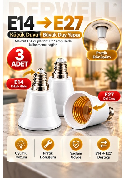 3 Adet E14'ten E27'ye Ampul Duy Dönüştürücü Adaptör - Küçük Duyuyu Büyük Duya Çevirici Aparat, Ev Ve Ofis İçi Pratik Aydınlatma Çözümü, Sağlam Ve Dayanıklı Gövde Yapısı