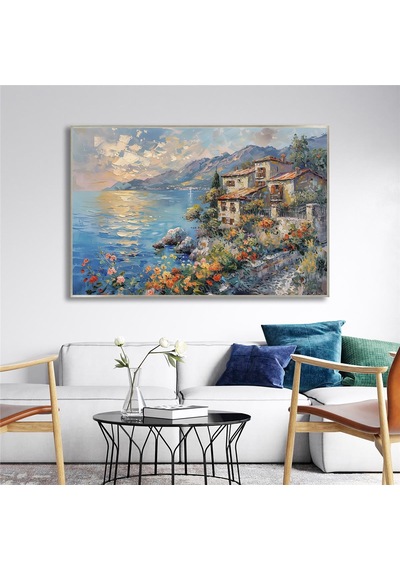 Yağlı Boya Dokulu Tablo Modern Spatula Akdeniz Evleri Manzarası Gümüş Çerçeveli U06041-179006