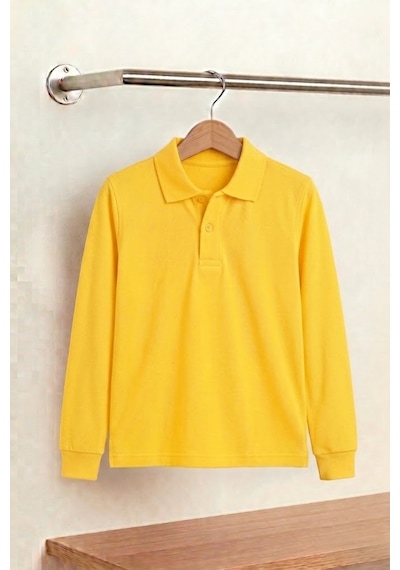 Nacar Store Unisex Çocuk Uzun Kollu Polo Yaka Lakost Okul Tişörtü Koyu Sarı