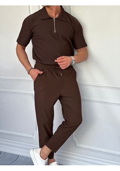 Modefendi Fermuar Detaylı Fitilli Oversize Alt Üst Takım Kahverengi