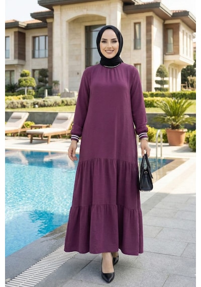 Hb Harma Time Butik Kadın Ayrobin Kolu Ribanalı Uzun Pembe Tesettür Elbise Pembe Pembe