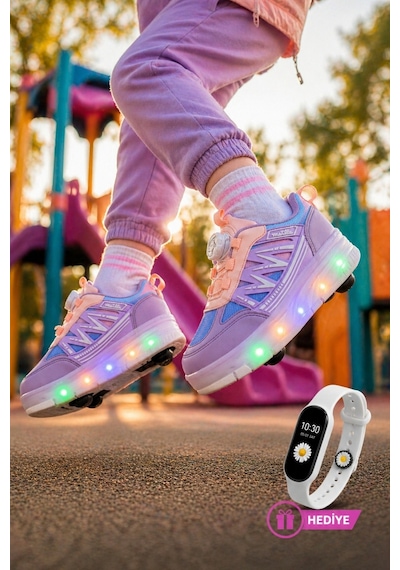 Muggo Skate Çocuk Işıklı Patenli Tekerlekli Sneaker Spor Ayakkabı Lila