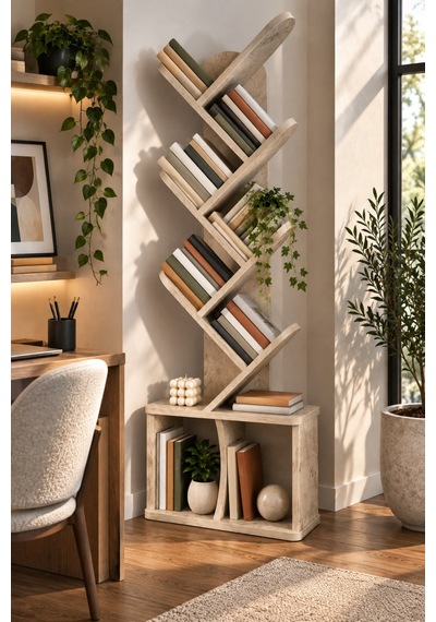 Sulorahome Yaprak Tasarımlı Eğimli Kitaplık Ekru