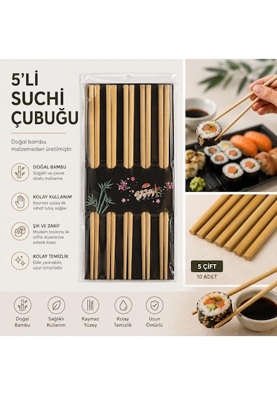 Bambu Yemek Çubuğu Seti, Sushi Ve Asya Mutfağı İçin, 5 Li Set10 Adet Diğer