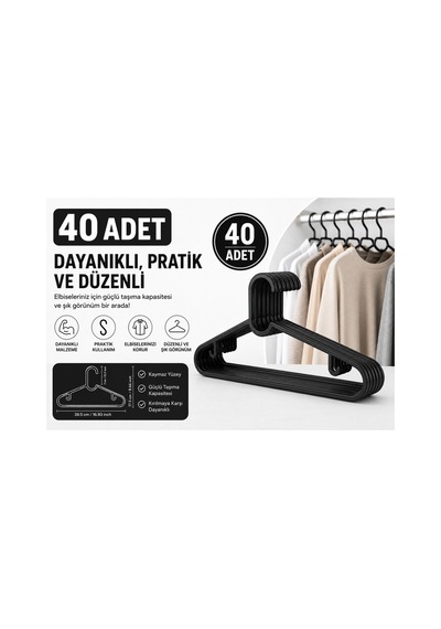 40 Adet Siyah Elbise Askısı, Pantolon Askısı Dayanıklı Ve Esnek Giysi Askılığı Siyah