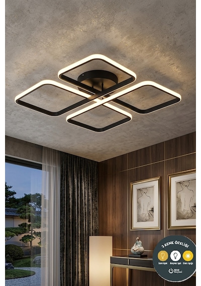 March Dekoratif Siyah Plafonyer Led Avize-4'lü Geometrik Kare 3 Renk Yanma Özellikli