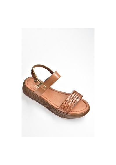 Fox Shoes Taba Hakiki Deri Örgü Modelli Günlük Kadın Sandalet