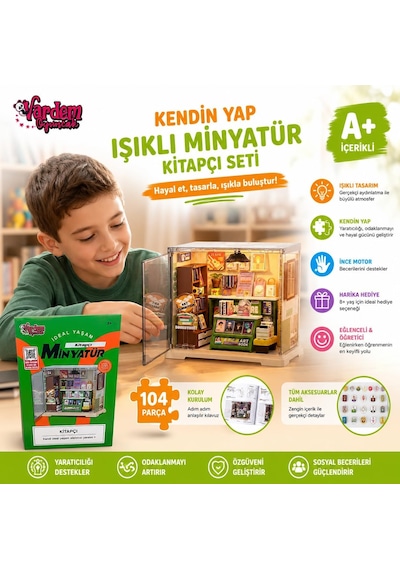 Vardem Kendin Yap Işıklı Minyatür Kitapçı Dükkanı Seti 104 Parça, Dıy Oyuncak Maket Hobi Seti,