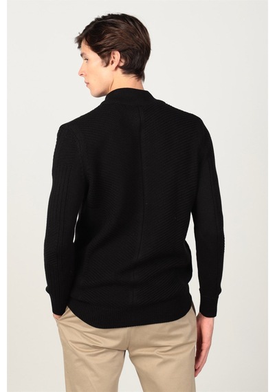 Tudors Erkek Slim Fit Kendinden Desenli Hırka-25554 Siyah