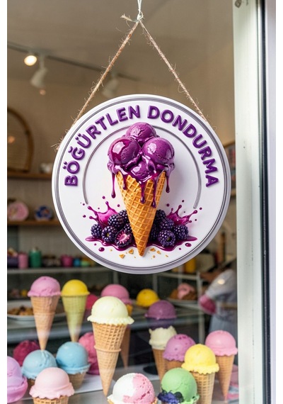 Böğürtlen Dondurma Görselli İpli Ahşap Kapı Ve Duvar Süsü, Cafe, Dondurmacı Tabelası, Tatlıcı Dekoru