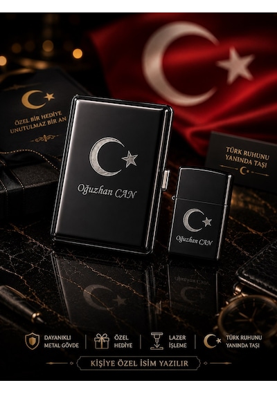 İsime Kişiye Özel Ay Yıldız Bayrak Lazer İşlemeli Tabaka Ve Benzinli Metal Çakmak Seti Dolu Gönderim