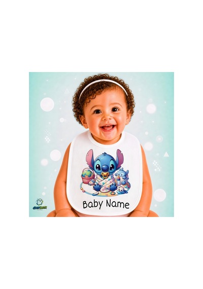 Kişiye Özel Stitch Keten Bebek Mama Önlüğü Yumuşak - Emici - Yıkanabilir - Özel Tasarım P105 Çok Renkli