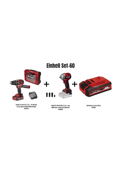 Einhell Set-60 Einhell Tp-cd 18/70 Li-i Bl Drabeli Akülü Matkap+einhell Tp-cw 18/350-c Li Bl Akülü Darb. Somun Sık-kömürsüz+3ah Batarya Ve Şarj Cihazı