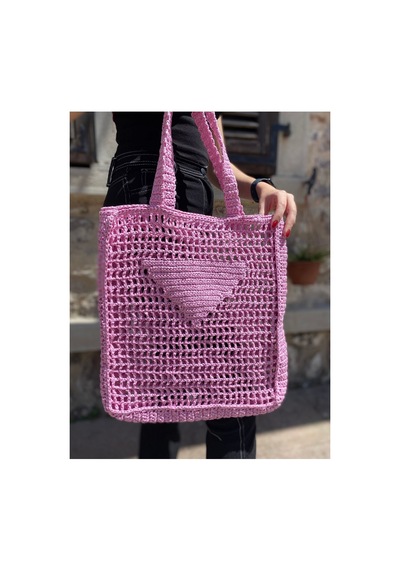 Melonndesign Renkli El Yapımı Hasır Örgü Çanta Pembe