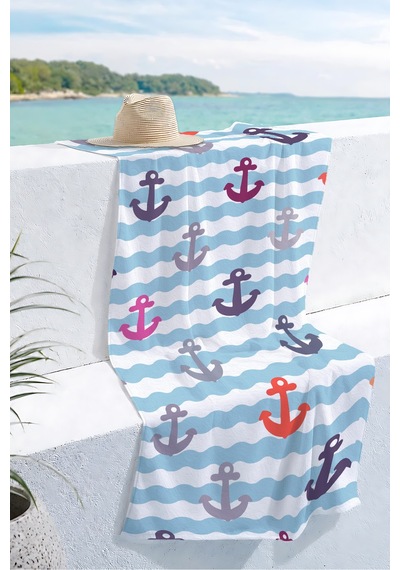 Çapa Marine Plaj Havlusu - Nautical Dalga Çizgili Mavi Beyaz Hızlı Kuruyan Mikrofiber Havlu Kumlu Ada