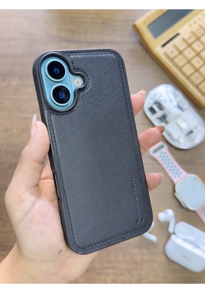 Apple iPhone 16 Uyumlu Premium Deri Dokulu Darbelere Karşı Dayanıklı Nazal Silikon Kılıf Siyah