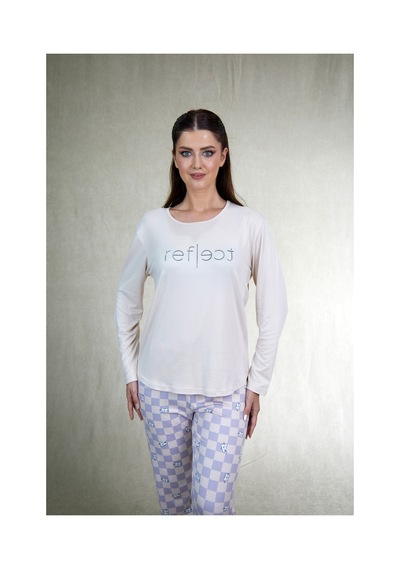 Estiva Kadın Kareli Alt Desenli Soft Uzun Kollu Pijama Takımı Bej