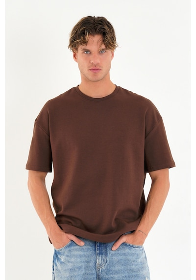 Blank Unisex Oversize Geniş Kesim Tişört %100 Pamuk Kalın Dokulu Bisiklet Yaka T-shirt Kahve