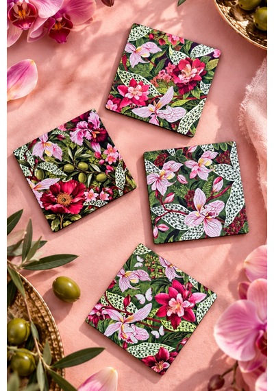 Pembe Orkide, Tropikal Çiçekler Ve Zeytin Dalı Desenli Botanik Floral Temalı 4 Lü Kare Bardak Altlığı Set 9 Cm, 3 Mm Ahşap Mdf, Dijital Baskı - 934211712 Diğer Pembe Orkide, Tropikal Çiçekler Ve Zeytin Dalı Desenli Botanik Floral Temalı 4 Lü Kare Bardak Altlığı Set 9 Cm, 3 Mm Ahşap Mdf, Dijital Baskı - 934211712 Diğer