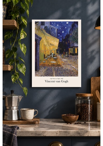 Gece Kafesi Manzarası Desenli Dekoratif Mdf Tablo, Çerçeve Görünümlü Ahşap Poster