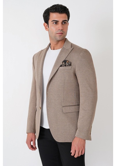 Slim Fit Sivri Yaka Çift Yırtmaçlı Esnek Yünlü Bej Ceket C 746
