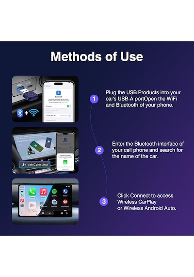 Mini Ultra İphone Ve Android İçin Kablosuz Adaptör Kablolu Carplay Ve Android Auto'ya Kablosuz Dönüştürür, Tak Ve Kullan, Arabalarla Uyumlu