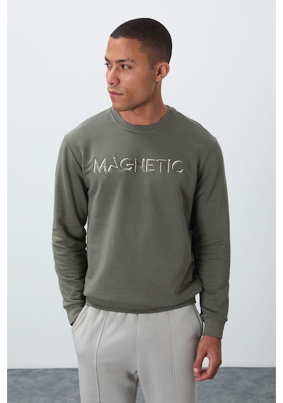 Tommy Life Çağla Yazı Nakışlı O Yaka Rahat Form İçi Polarlı Erkek Sweatshirt - 88020 Çağla