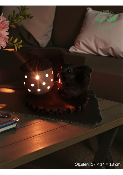 Rustik Sincap Figürlü Meşe Palamudu Mumluk Tealight Led Mum Hediyeli 17 14 13 Cm 17 14 13 Cm