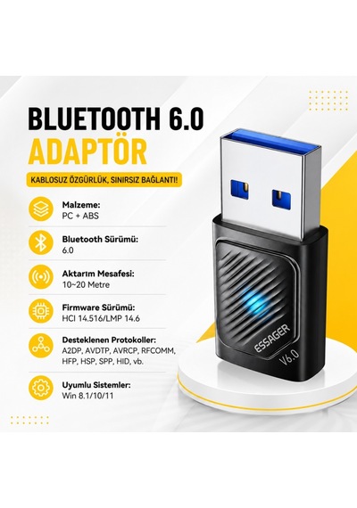 Essager Bluetooth 6.0 Usb Adaptör 20 Metre Menzil, 5 Cihaza Kadar Bağlantı, Tak Çalıştır, Windows Uyumlu