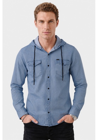 Deep Sea Deepsea Koyu Mavi Kapüşonlu Likralı Kot Gömlek Slim Fit Çıt Çıt Kapamalı Erkek Gömlek 2300396
