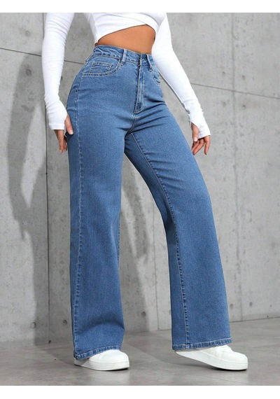 Orta Mavi Palazzo Pantolon Wide Leg Yüksek Bel Denim Jeans Orta Mavi