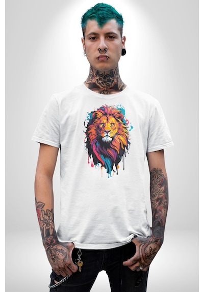 Renkli Yağlı Boya Aslan Unisex Unisex Beyaz Organik Baskılı T-shirt Penye Yüksek Kalite Beyaz
