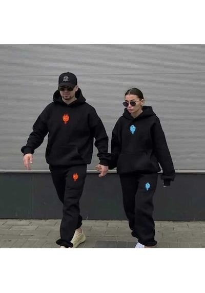 Nzn Collectıon Unisex Kadın Erkek Oversize Sevgili Çift Kombini Ateş Ve Su Baskılı 2'li Alt-üst Eşofman Takımı Siyah