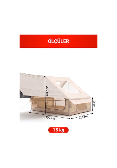 Rovos 6 Kişilik Şişme Kamp Çadırı, 4 Mevsim Su Geçirmez Oxford Kumaş, Tenteli Ve Sineklikli Pencere, Kolay Kurulum Lüks Aile Çadırı 300x210x200 Cm, 6.3 M² Bej