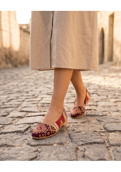 Futsishoes Vıttorıa Hakiki Deri Etnik Desenli Kadın Bordo Kilim Desenli Babet