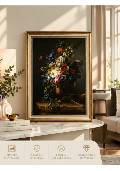 Varaklı Gold Vintage Çerçeveli Yağlı Boya Dokulu Şık Salon Tablosu - Dark Floral Hollanda Altın Çağı Klasik Dekoratif Duvar Tablosu 50x70 Cm / Çerçeveli 60x80 Cm Varaklı Gold Vintage Çerçeveli Yağlı Boya Dokulu Şık Salon Tablosu - Dark Floral Hollanda Altın Çağı Klasik Dekoratif Duvar Tablosu 50x70 Cm / Çerçeveli 60x80 Cm