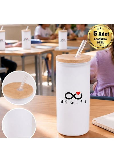 Logonuza Özel 5 Adet Pipetli Cam Matara 600 Ml Ahşap Kapaklı Kurumsal Suluk Beyaz