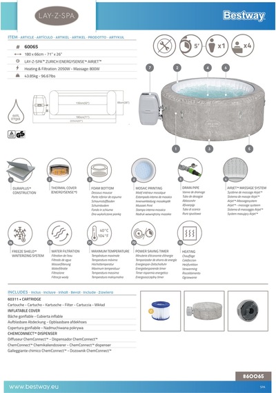 Lay-z-spa 60065 Zurich Energysense Signature Airjet Şişme Spa Havuzu, 2-4 Kişilik Gri