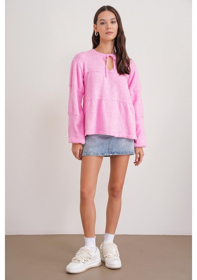 Mixray 6950 Kadın Yakası Bağcıklı Pileli Triko Kazak Pembe Pembe
