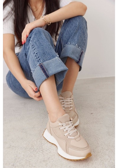Sara Bej Hakiki Deri Bağcıklı Kadın Sneaker-Bej