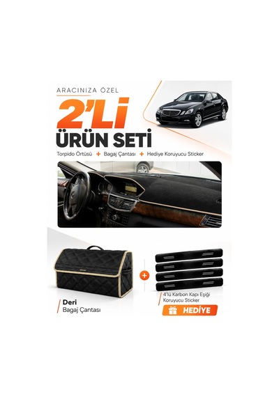 E-biz Mercedes W212 2010-2013 Uyumlu Torpido Örtüsü + Deri Bagaj Çantası Seti - Siyah-bej - Mb014