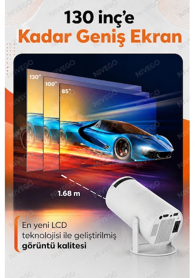 Nivego Kablosuz Projeksiyon Cihazı 130 İnç Destekli Android Uyumlu Mini Projektör Wifi Ekran Yansıtma Ev Sinema Cihazı