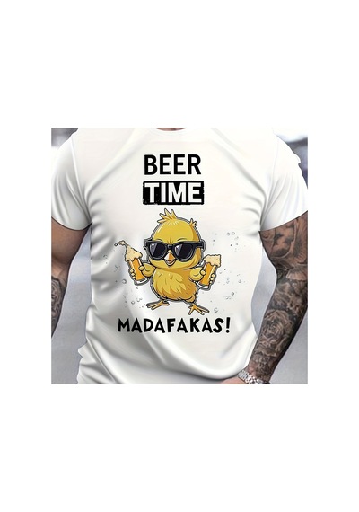 Caddemia Yaz Moda Rahat Gevşek "bira Zamanı" Tavuk Desen Baskılı Yuvarlak Yaka Kısa Beyaz 2XL Caddemia Yaz Moda Rahat Gevşek "bira Zamanı" Tavuk Desen Baskılı Yuvarlak Yaka Kısa Beyaz 2XL
