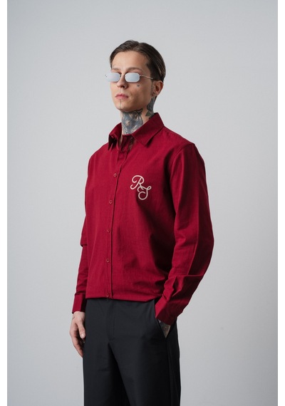 Respire Erkek Res Nakışlı Uzun Kollu Keten Oversize Gömlek Bordo