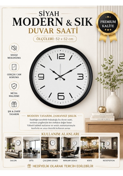 Siyah Modern & Şık 52 Cm Metal Duvar Saati
