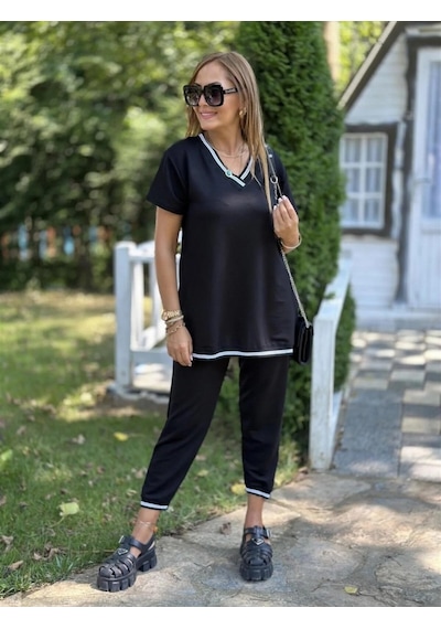Kadın Kısa Kollu V Yakalı Iki Iplik Bluz Ve Pantolon Ikili Takım Siyah